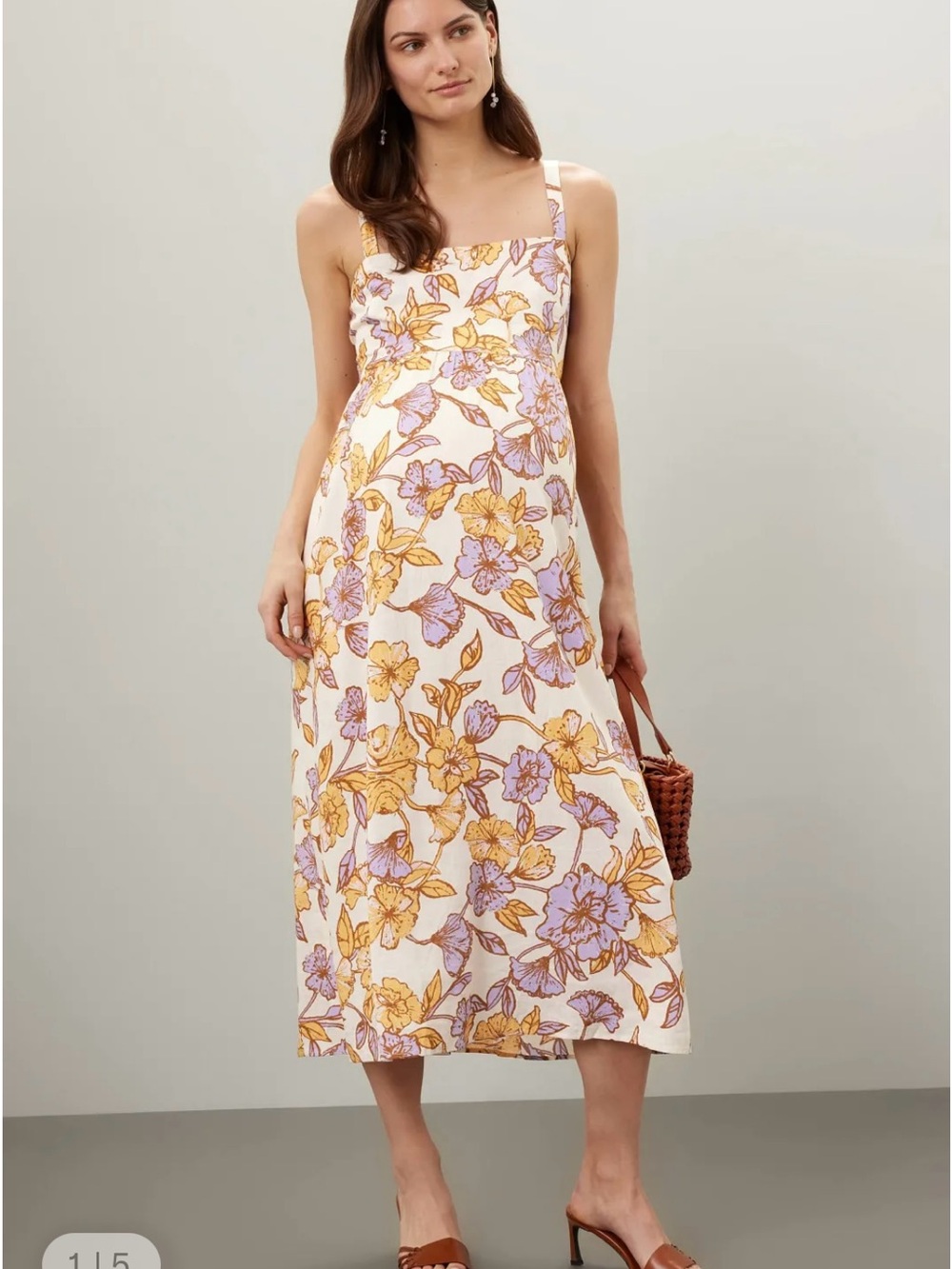 Floral Square-Neck Midi Dress in Cream with Yellow & Lavender
